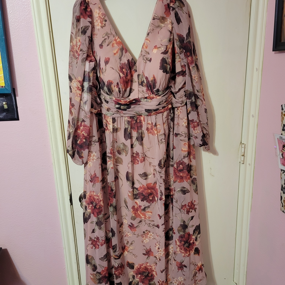 Azazie Blush Pink Floral V-Neck Midi Dress - Picture 2 of 6